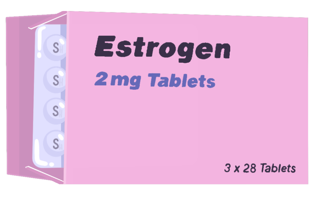 A pink box labeled "Estrogen 2mg Tablets" with a partial view of a blister pack of tablets on the left side. The box indicates a package containing 3 x 28 tablets.