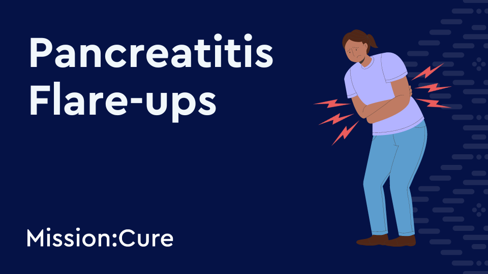 Illustration of a person clutching their abdomen in pain, representing the discomfort of a pancreatitis flare-up. The text reads 'Pancreatitis Flare-ups' alongside the Mission: Cure logo.