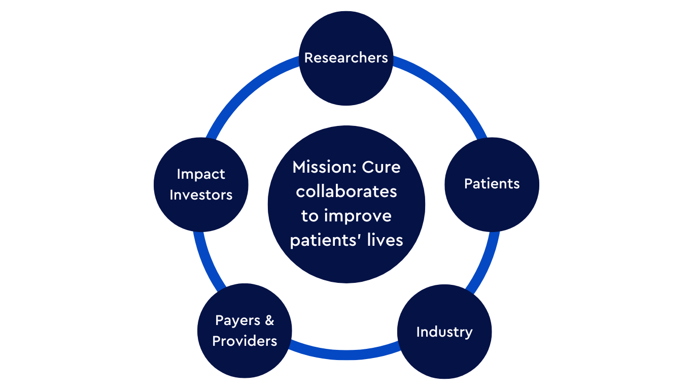 Circle diagram describing collaboration between researchers, impact investors, industry, patients, payers, and providers.