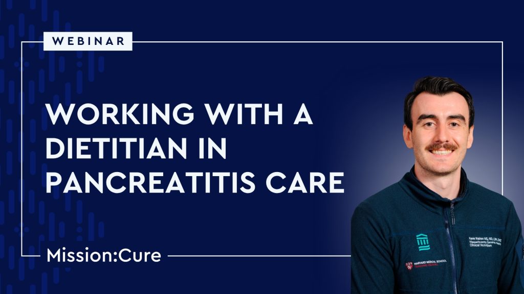 Webinar tag at top left with central title 'Working with a Dietitian in Pancreatitis Care'